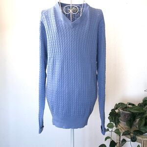 Travel Smith Men's V-Neck Cable Sweater Silk Cotton Light Blue Size Med